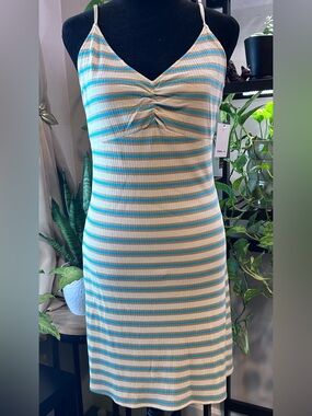 O’Neill Striped Knit Spaghetti Strap Dress in Cream & Teal